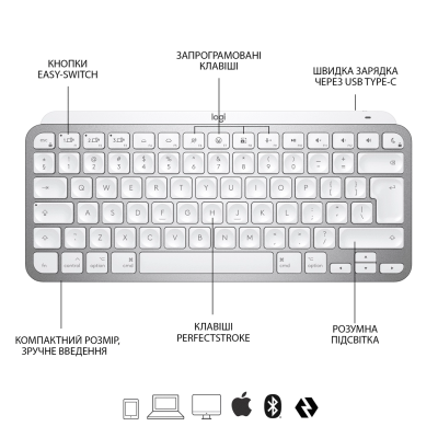Клавіатура Logitech MX Keys Mini for Mac Wireless Illuminated (Pale Grey) (920-010526)